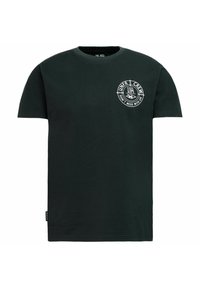 Black cotton t-shirt with a round neck, short sleeves, and a front graphic featuring a circular logo and text in white.