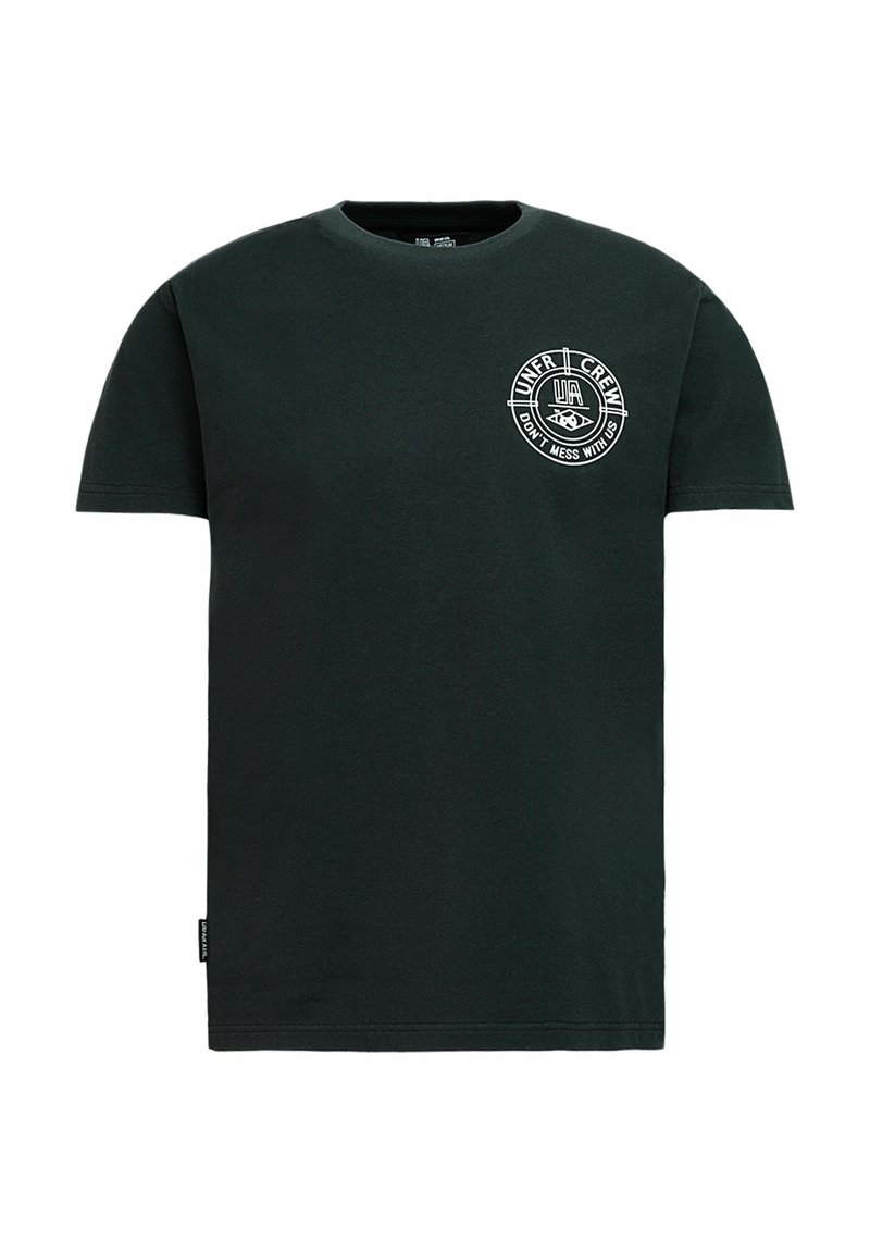 Black cotton t-shirt with a round neck, short sleeves, and a front graphic featuring a circular logo and text in white.