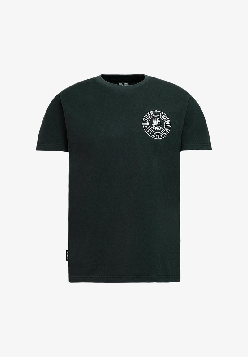 Must musta T-särk ümmarguse kaelusega, lühikeste varrukatega, esiküljel graafika, millel on ringikujuline logo ja valge tekst.