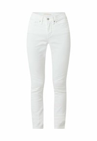 Jeans blancos ajustados de mezclilla, con un diseño clásico de cinco bolsillos, cierre frontal con botón y detalles de costura sutiles.