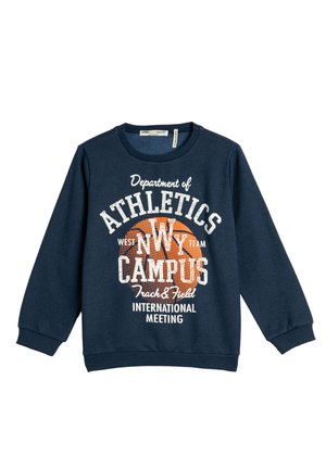 Felpa a maniche lunghe blu navy con stampa a tema sportivo che include un pallacanestro e testo su atletica e campo sportivo del campus.