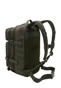 Katona stílusú hátizsák sötétzöld és fekete anyagból, több cipzáros tárolórekesszel, hálós díszítéssel és állítható pántokkal.