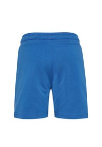 Blå atletiska shorts gjorda av mjukt, lätt tyg. Har ett elastiskt midjeband och en enkel, sömlös design. Inga synliga fickor.