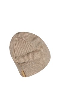 Warm beige beanie with horizontal stripes in lighter and darker tones. Soft knit texture, featuring a small brown leather tag on the side.