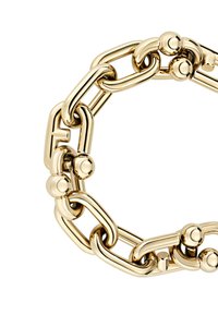 Brățară din aur cu zale rotunde. Prezintă metal lustruit, accente sferice și o combinație de forme ovale și dreptunghiulare ale zărilor.