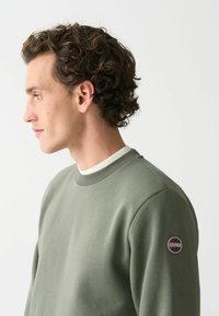Hanorac de culoare verde măslin cu guler ondulat și patch cu logo rotund pe umărul stâng. Textură netedă, mâneci lungi, croială lejeră.