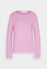 Pull long à manches longues rose clair avec un col rond, fabriqué en tissu tricoté doux. Présente une texture simple et lisse sans motifs notables.