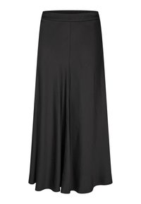 Čierna, voľná sukňa vyrobená z hladkej tkaniny, s širokým pásom a dĺžkou po členky. Obsahuje jemné drapérie pre pohodlný pohyb.