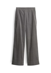 Pantalon large en velours côtelé gris avec taille élastique et poches latérales, présenté à plat sur fond blanc.
