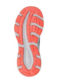 Suola della scarpa con un design testurizzato in gomma grigia e arancione brillante, che enfatizza la trazione grazie a profonde scanalature e creste.