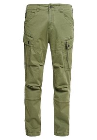 Olive green cargo pants with multiple pockets, button and zip closures, belt loops, and reinforced knee stitching.