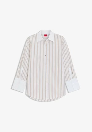 White button-up shirt with beige vertical stripes, contrasting white collar and cuffs, and a red brand label inside the collar.