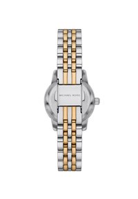 Stříbrné a zlaté kovové hodinky s vícečlánkovým páskem, s kulatým pouzdrem a minimalistickým ciferníkem, gravírované s nápisem "Michael Kors."