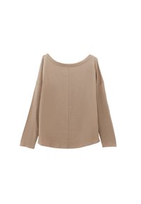 Beige Langarmoberteil mit weitem Ausschnitt, lockerer Passform und weicher Textur. Besitzt abgesenkte Schultern und ein simples, nahtloses Design.