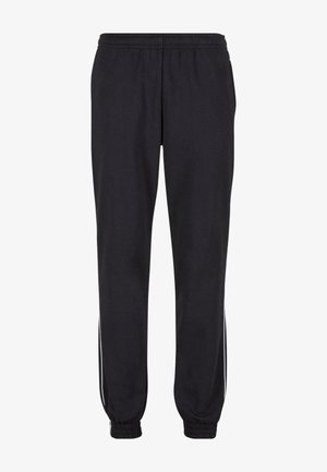 Fekete pamut keverékből készült melegítőnadrágok, elasztikus derékpánttal, szűkített szárvégekkel és fehér oldalsávokkal a lábak mentén.