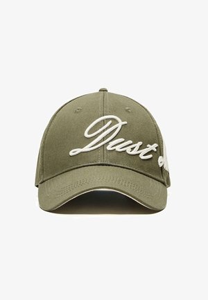 Olive green baseball cap with white cursive "Dust" embroidered on the front, featuring stitched eyelets and a curved brim.