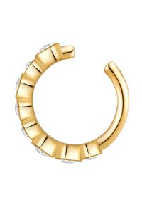 Guld ringörhänge med en strukturerad, vågig design och klara kristallaccenter som är jämnt fördelade längs ena sidan, vilket visar upp släta och blanka ytor.