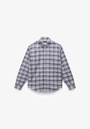 Button-up shirt in plaid pattern with blue, navy, and white colors. Features a collar and long sleeves, made of a lightweight woven fabric.