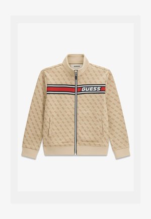 Beige Reißverschlussjacke mit sich wiederholendem Logo-Muster, schwarzem und rotem horizontalem Streifen, gerippten Bündchen und Saum sowie Stehkragen.