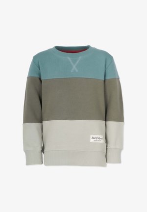 Puuvillainen collegepaita, jossa on väripilkkusuunnittelu teal-, oliivinvihreän ja vaaleanharmaan osioiden kanssa. Ribattu hihansuu ja etiketti helman kohdalla.