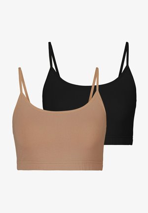 Two seamless bralette tops: one in light beige, one in black. Both have thin shoulder straps and a smooth, stretchy fabric finish.