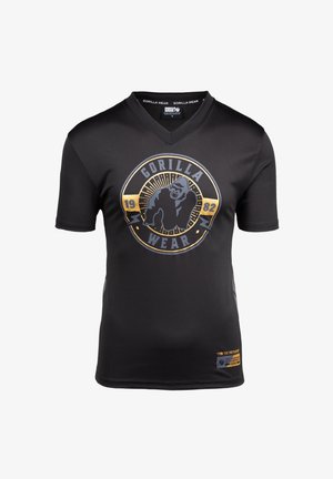 Zwarte korteblaf T-shirt met V-hals, gemaakt van een gladde stof, met een ronde grafische print in goud en grijs met de tekst "GORILLA WEAR" en het jaar 1982.