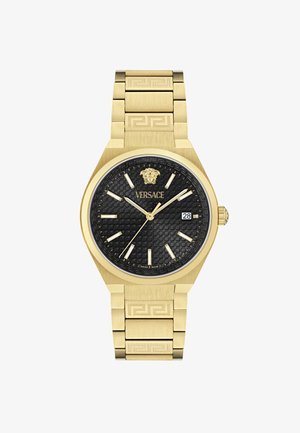 Montre en métal doré avec un cadran noir texturé hexagonal, des index en or et une fenêtre de date, dotée d'un bracelet en maillons avec un motif grec.