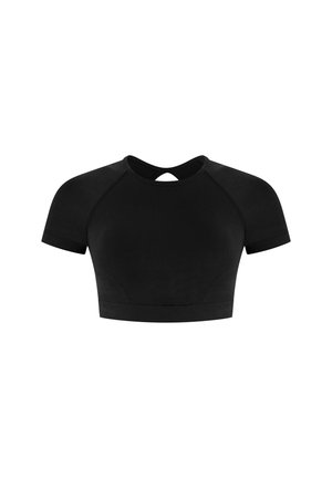 Haut noir court à manches courtes, avec un col rond et une découpe en forme de clé au dos. Fabriqué en tissu lisse avec une coupe ajustée.