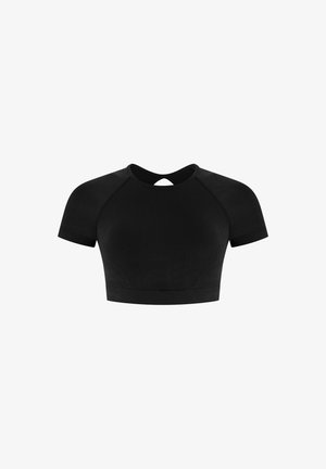 Top corto nero con maniche corte, caratterizzato da un collo rotondo e un'apertura a chiave sul retro. Realizzato in tessuto morbido con un design aderente.