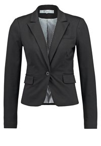 Černý blazer s přiléhavým střihem, zapínání na jeden knoflík, dvě přední kapsy a pruhovaná podšívka. Vyrobeno z hladké tkaniny se strukturovanými rameny.