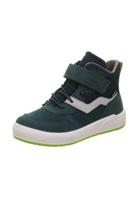 Sneaker alta per bambini in teal scuro, con cinturino in Velcro, dettagli bianchi e suola di gomma testurizzata con dettagli verdi.