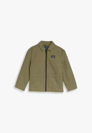Veste pour enfants vert olive avec fermeture éclair à l'avant, deux poches frontales, col et petit logo en patch noir sur la poitrine.