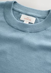 Lyseblå strikket sweater med ribbet rund hals. Etiketten viser "NEXT SIGNATURE" med størrelse tag "M." Glat tekstur, afslappet design.