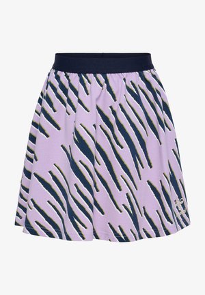 Helllila Röcke mit navyblau-weißer vertikaler Streifenmuster, elastischem Bund und gesticktem Logo in der unteren rechten Ecke.