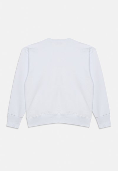 Sweat-shirt blanc uni à manches longues avec poignets et ourlet côtelés, vu de dos sur un fond gris clair.