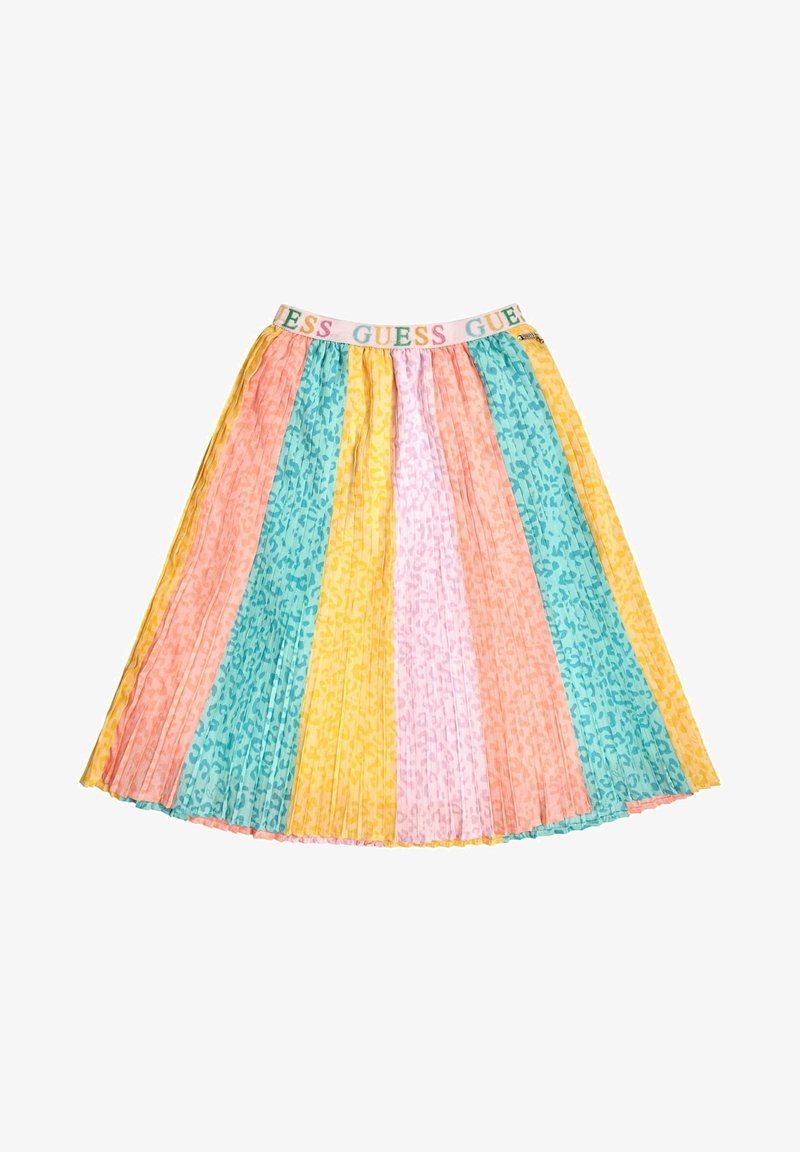 Jupe midi plissée avec panneaux verticaux en jaune pastel, rose, corail et imprimé léopard turquoise, avec une ceinture multicolore ornée du logo "GUESS".