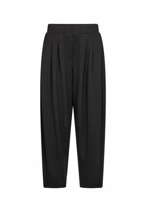 Sorte plisserede bukser lavet af blødt stof. Har en bred, elastisk talje og sidelommer med et afslappet, tilspidset bensnit.