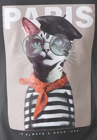 Chat portant des lunettes rondes, un béret noir, une chemise rayée et une écharpe orange avec le texte "PARIS" au-dessus et une phrase partielle en dessous.