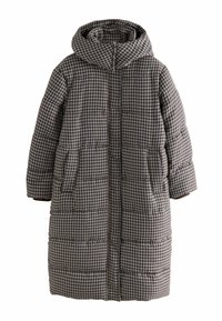 Gepolsterter langer Mantel in einem braun-grauen Karomuster mit Kapuze, ausgestattet mit Seitentaschen und einem Reißverschluss.