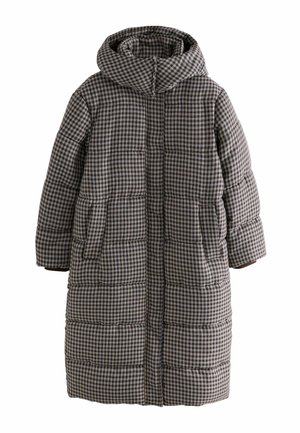Padded long coat in a brown and gray checkered pattern with a hood, featuring side pockets and a zip closure.