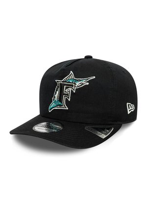 Black baseball cap with a curved brim featuring an embroidered blue and white marlin fish wrapped around a large letter F.