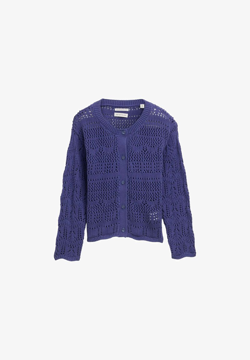 Cardigan lavorato a maglia viola con un motivo aperto testurizzato, scollatura rotonda e cinque bottoni frontali.