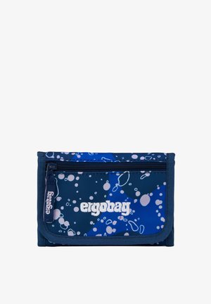Blue wallet with abstract bubble patterns and a front zipper pocket, branded with white "ergobag" text on the front.