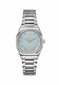 Orologio da polso in tono argento con cassa ottagonale, quadrante testurizzato blu chiaro, accenti di diamanti, numeri romani XII e VI, e bracciale in acciaio inossidabile.
