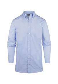 Lichtblauw overhemd met lange mouwen, knoopsluiting en een klein ruitpatroon, enkele borstzak en een kraag met knopen. Katoenen stof.