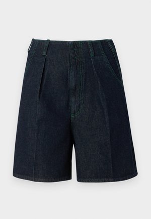 Denim shorts with a dark wash, featuring pleats, side pockets, and contrasting green stitching along the seams.
