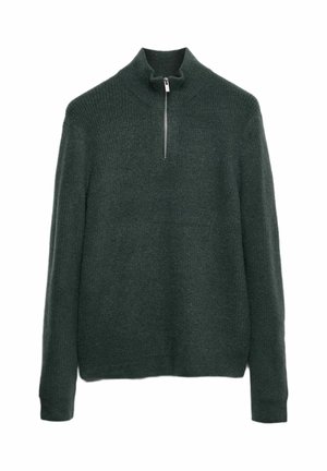Mørkegrøn sweater med høj krave og en halv lynlås. Ribbet struktur med lange ærmer og en afslappet pasform. Blød stof.