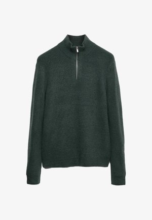 Dark green sweater with a high collar and a half zipper. Ribbed texture with long sleeves and a relaxed fit. Soft fabric.