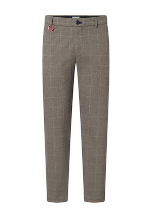Slim-fit men's dress pants in gray plaid with front button and red ring detail on waistband.