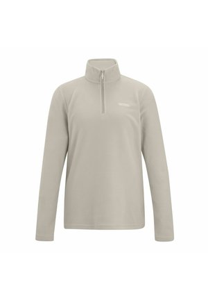 Lichtgrijze fleece trui met lange mouwen en een korte ritssluiting aan de voorkant van de hoge kraag voor verstelbare nekbedekking.